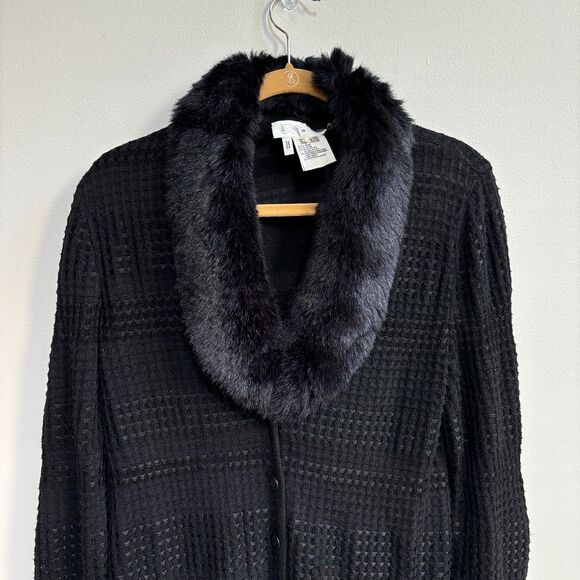 Escada VTG Wool Blend Fur Collar Cardigan Sweater Womens 38 Black Waffle Thermal - Picture 2 of 10